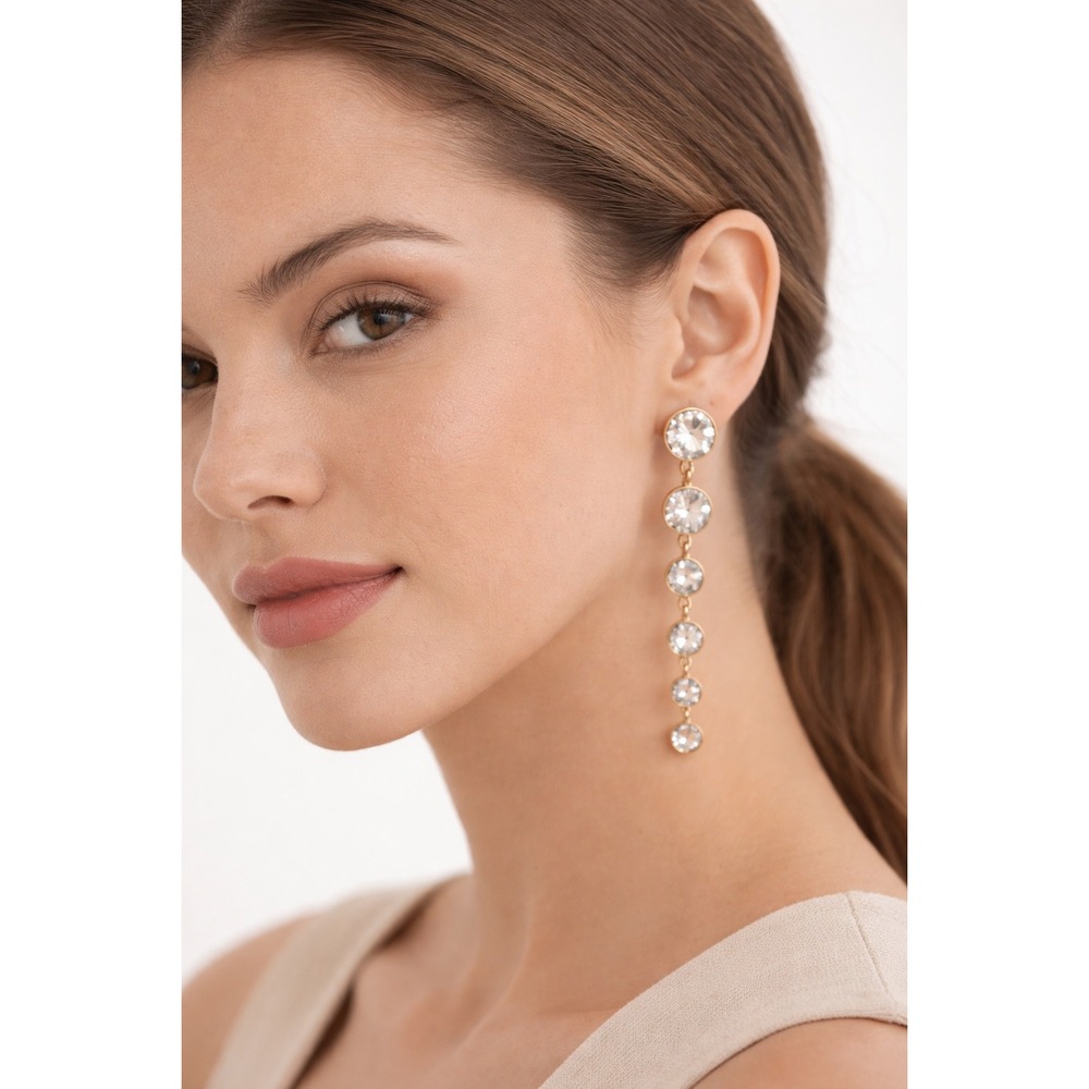 Gold Tone Crystal Linear Drop Earrings Graduated Round Bezel Statement Dangle